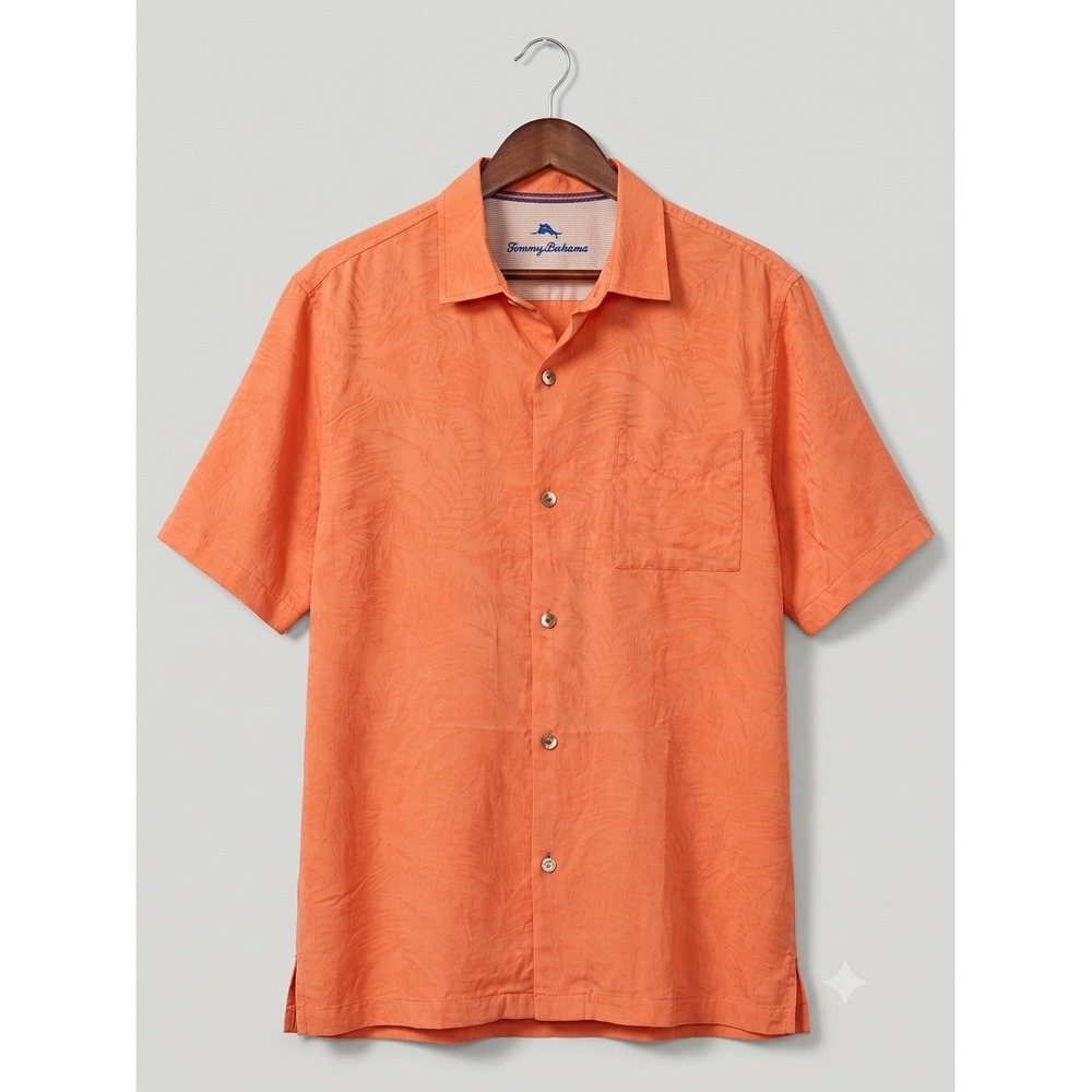 Tommy Bahama Mens Orange Silk Blend Tropical Palm Leaf Button Down Shirt